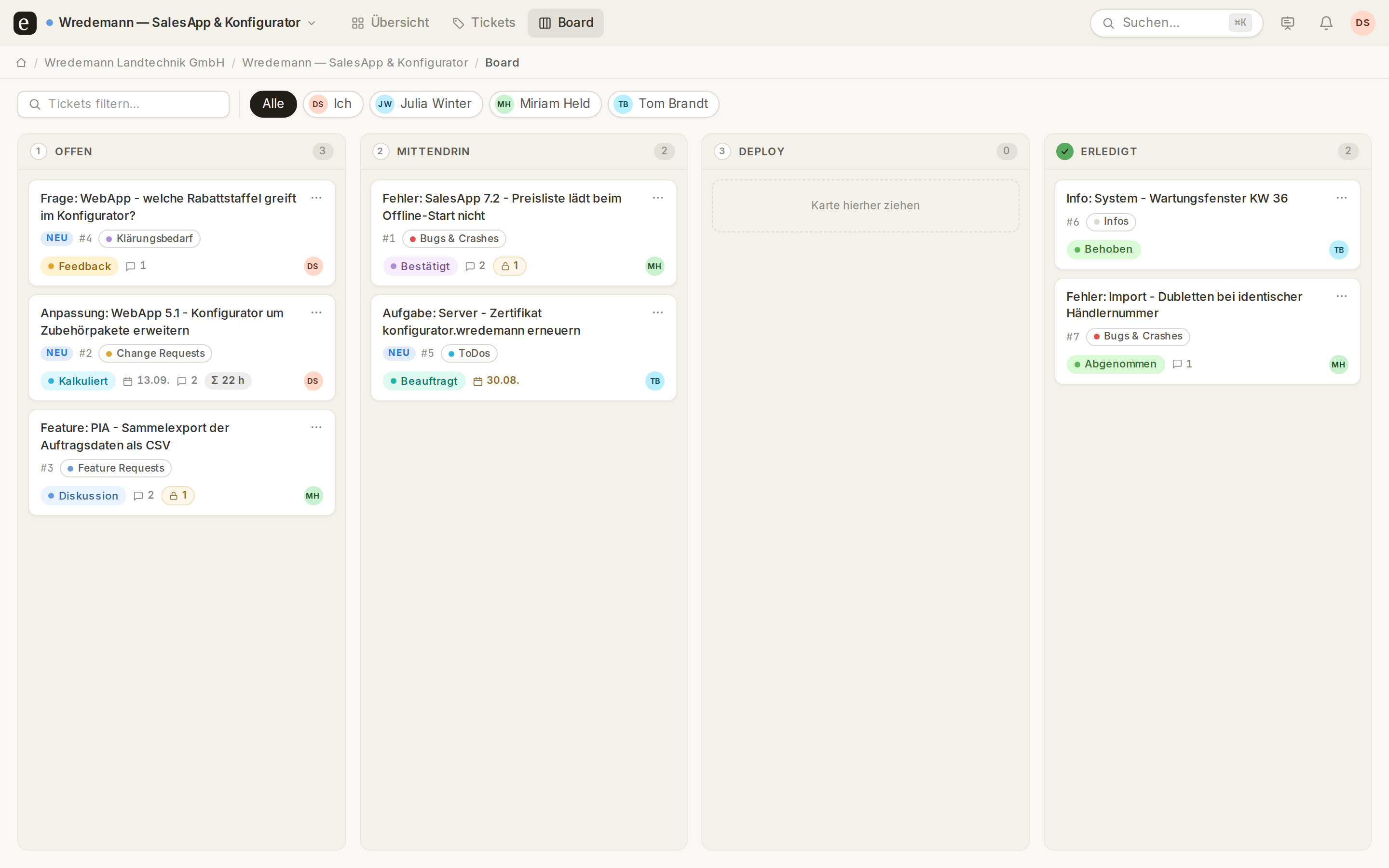 The Etappe board: tickets of a demo project in the columns Open, In progress, Deploy and Done